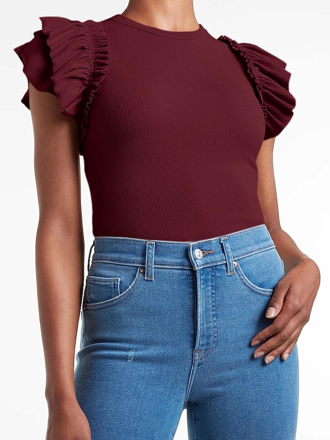 Womens Ruffle Short Sleeve Shirts Slim Fit High Neck Knit Ribbed Tops - Image 2