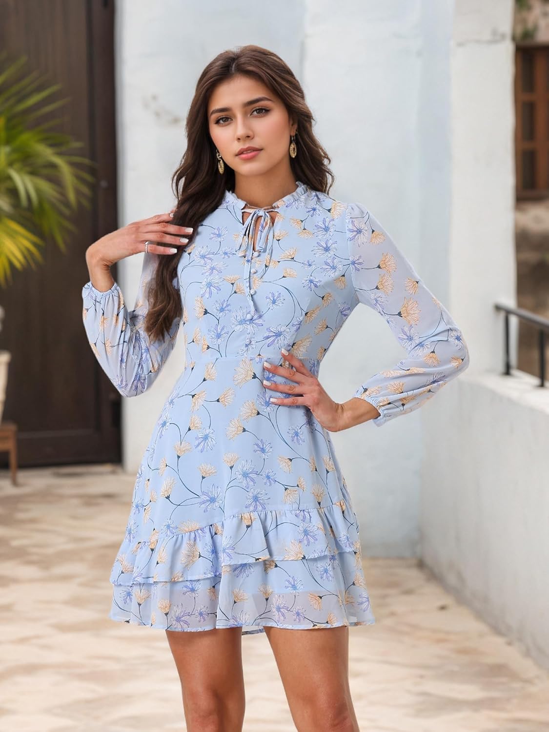 Allegra K Women's Fall Dresses 2025 Tie V Neck Semi Sheer Long Sleeve Layered Tiered Chiffon Mini Floral Dress - Image 2