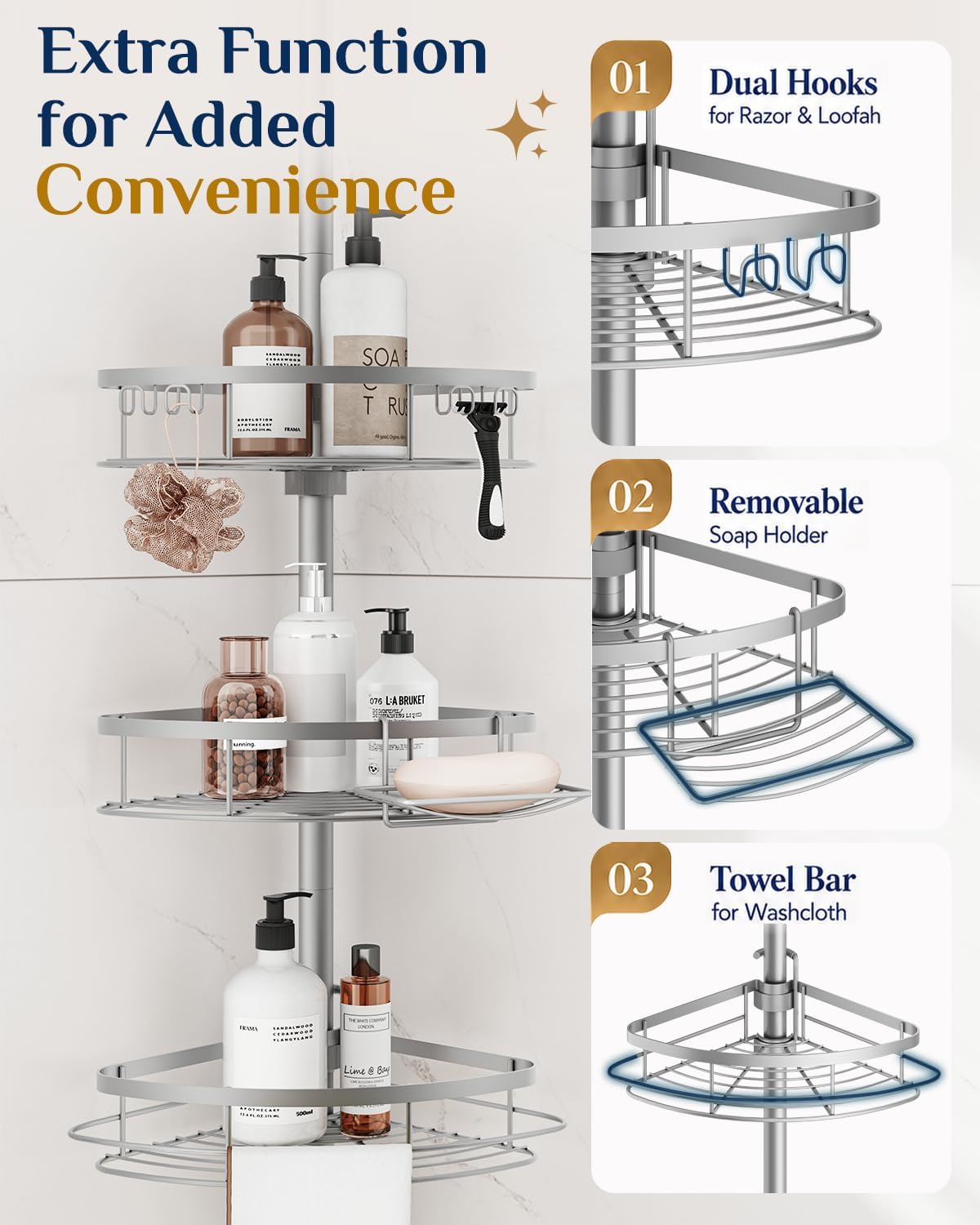Rustproof Shower Corner Caddy Organizer for Bathroom, 4 Adjustable Shelves with Tension Pole, for Bathtub Shampoo Accessories Storage Holder, 34 to 116 Inch Height, Silver Grey