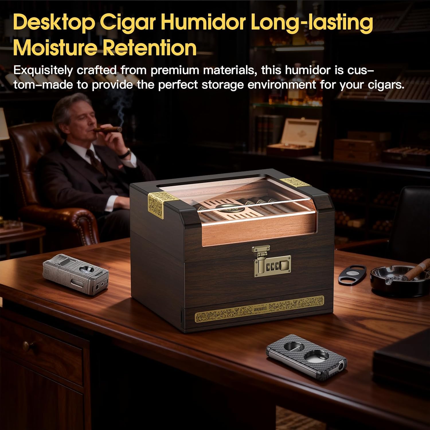 Cigar Humidor, Clear Top Cedar Wood Desktop Humidor, 2 Layer Cigar Humidor Box with Accessories Drawer, Combination Lock, Humidor Solution, Humidifier, Hygrometer, and Dropper, Men's Gift