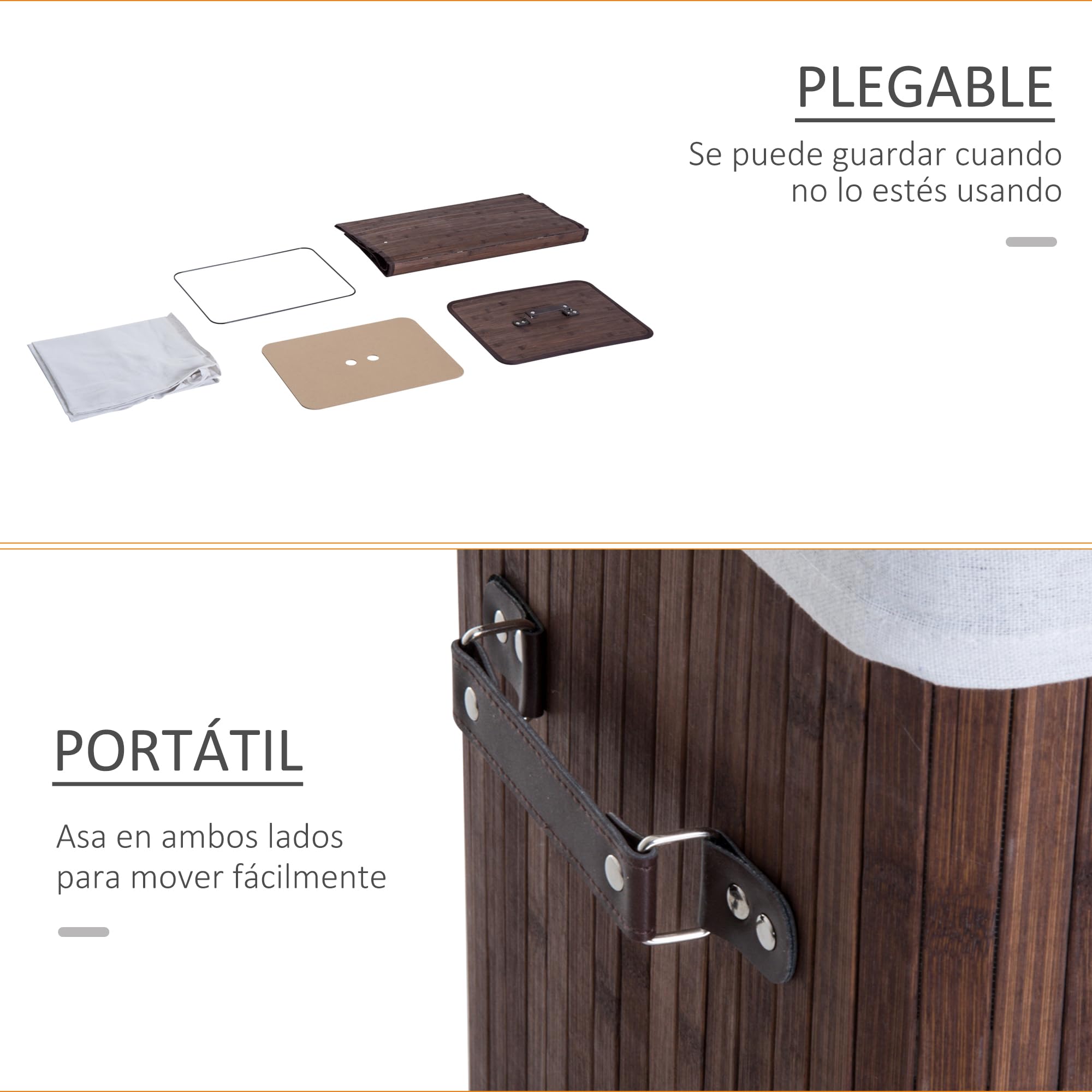 HOMCOM Cesto de Ropa Sucia Plegable con Tapa 67L, Cesta Ropa Sucia de Bambú, 2 Compartimentos, Bolsa Extraíble, para Dormitorio, Baño, Lavandería, 40x30x60 cm, Marrón