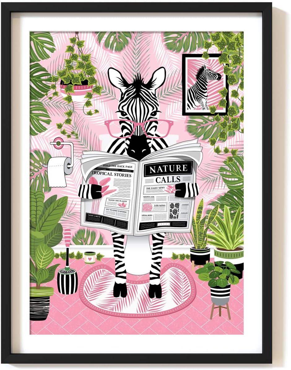 Parmaro Zebra on Toilet, A4 UNFRAMED Print, Animal on Toilet, Pink Botanical Print for Tropical Bathroom Decor