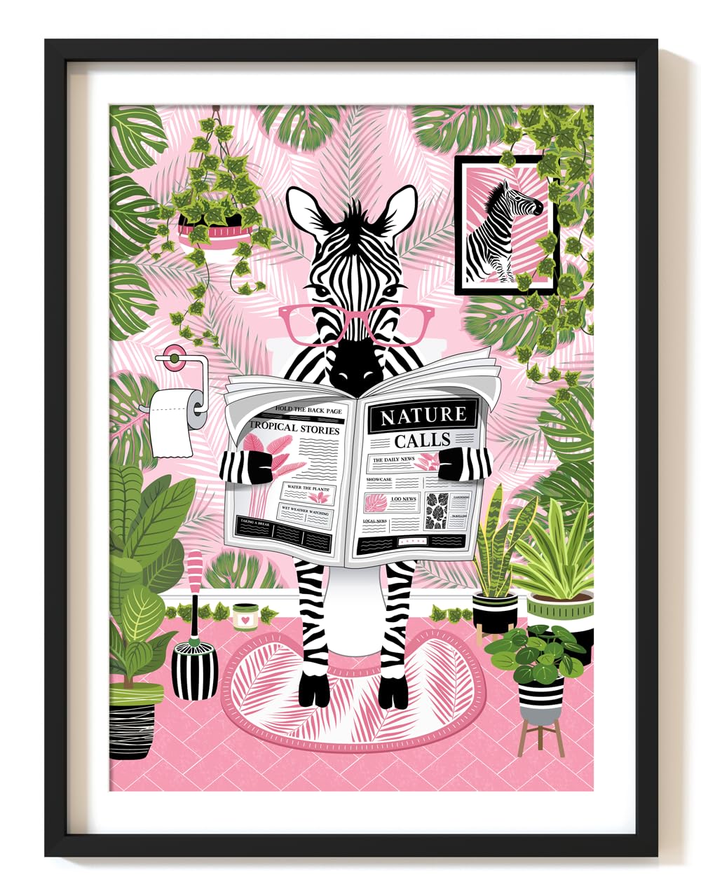 Parmaro Zebra on Toilet, A4 UNFRAMED Print, Animal on Toilet, Pink Botanical Print for Tropical Bathroom Decor