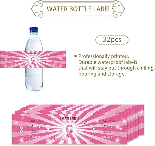 Miniatura 2 de 32 etiquetas rosas para botellas de agua de cáncer de mama, calcomanías para botellas de agua para sobrevivientes de cáncer, etiquetas de guerrero