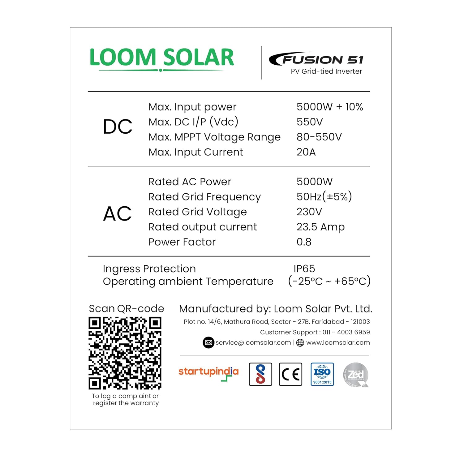 Loom Solar Fusion 5kW Inverter detailed specifications