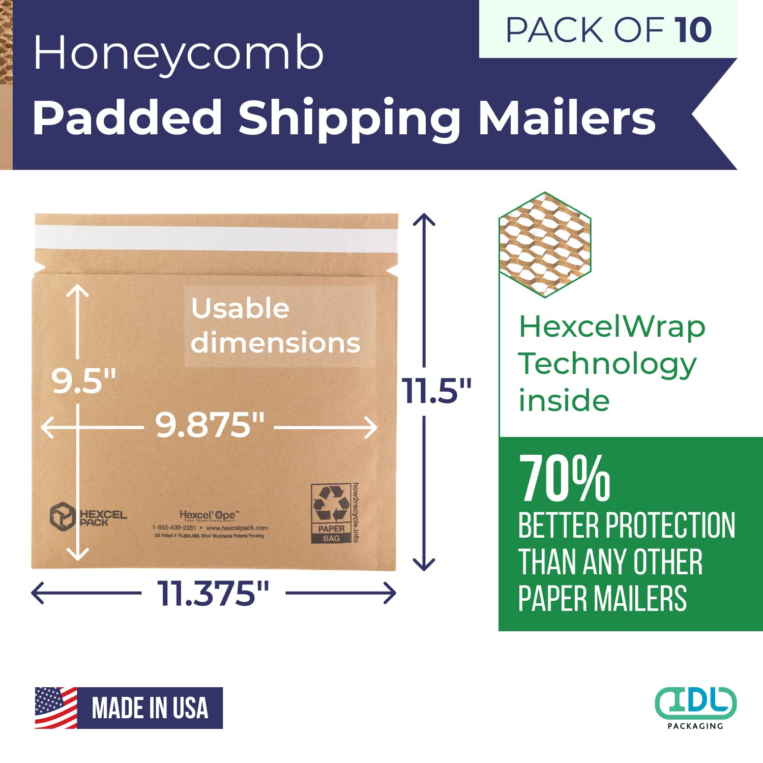 IDL Packaging Lot de 10 enveloppes d'expédition rembourrées en nid d'abeille #2 de 25,1 x 24,1 cm – Alternative durable aux enveloppes à bulles – Remplisseur de papier Hexcel breveté à l'intérieur –