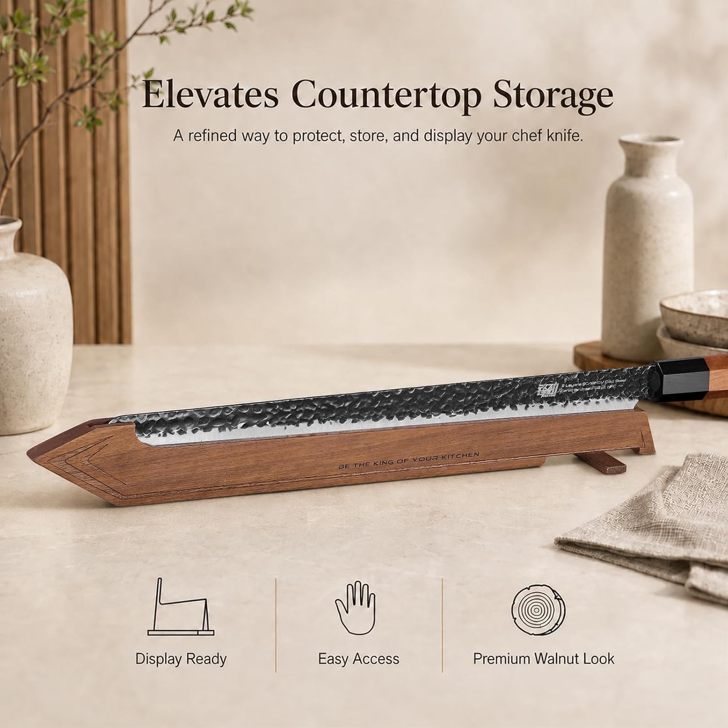 FINDKING Magnetic Edge Guard with Stand, Walnut Wood Blade Cover & Mini Knife Block for Counter Storage, Portable Protector for 12" Slicing Knife image 2