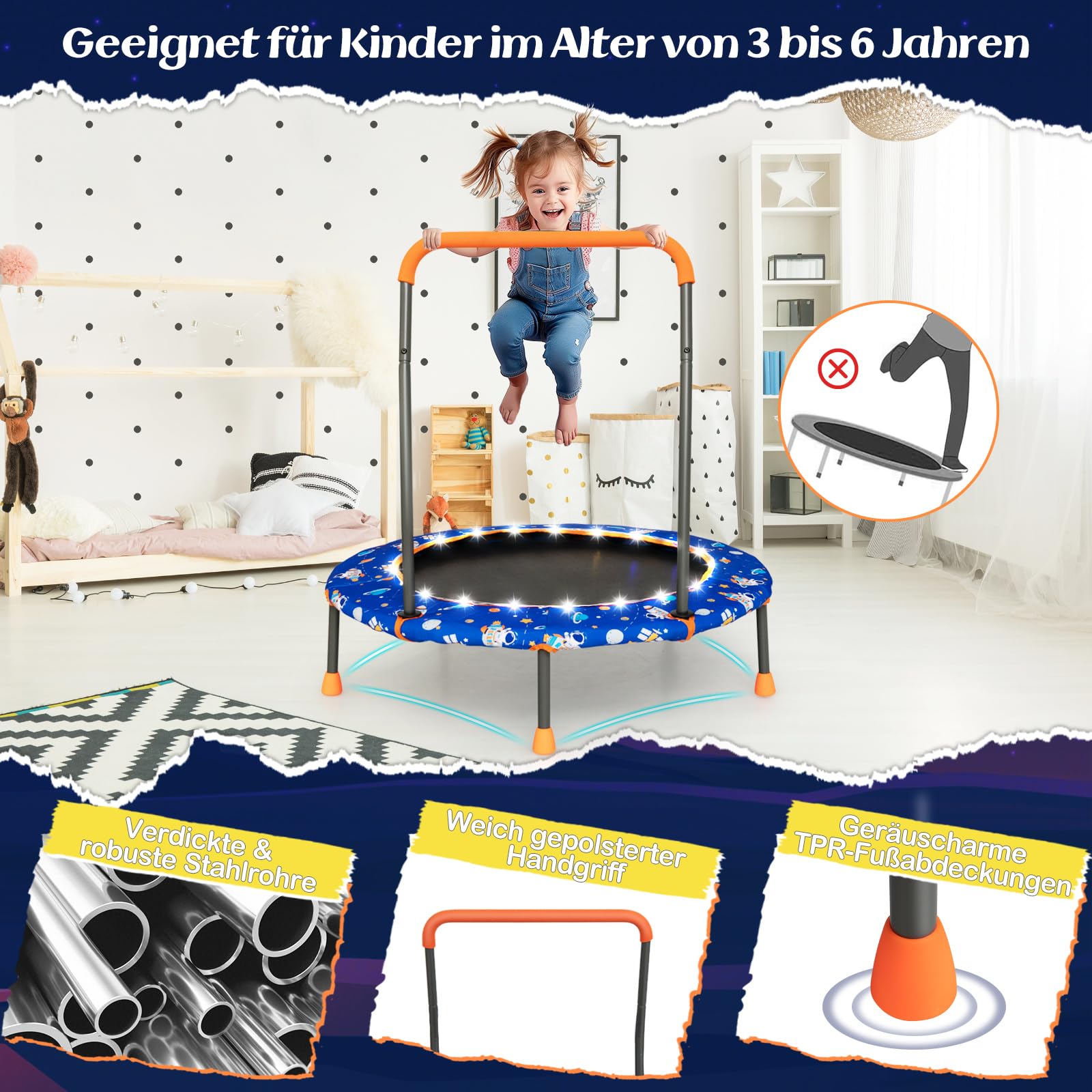 GOPLUS Diameter 92 Cm Children's Trampoline, Mini Trampoline With LED Lights, Removable Handle & Safety Pad, Indoor Outdoor Garden Trampoline, Fitness Trampoline For Children From 3-6 Years (Blue