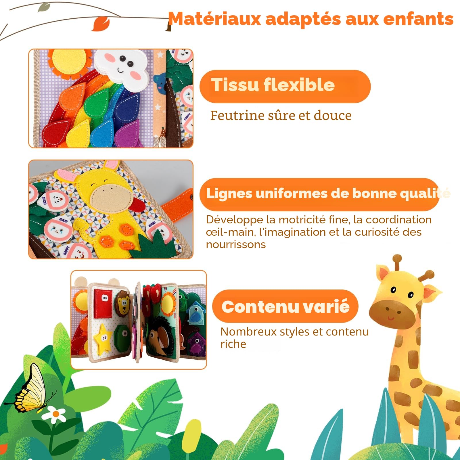 Planche d'activité Montessori en feutre souple - Jouet sensoriel pour bébé Activités dès 1 an