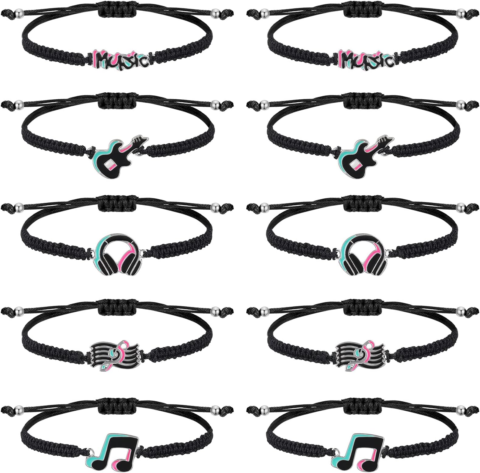 10 Pieces Music Bracelets Musical Themed Birthday Party Supplies Black Braided Bit Charm Handmade Bangle Jewelry Music Party Supplies Equestrian Gifts for Teen Girls Boys, Metal
