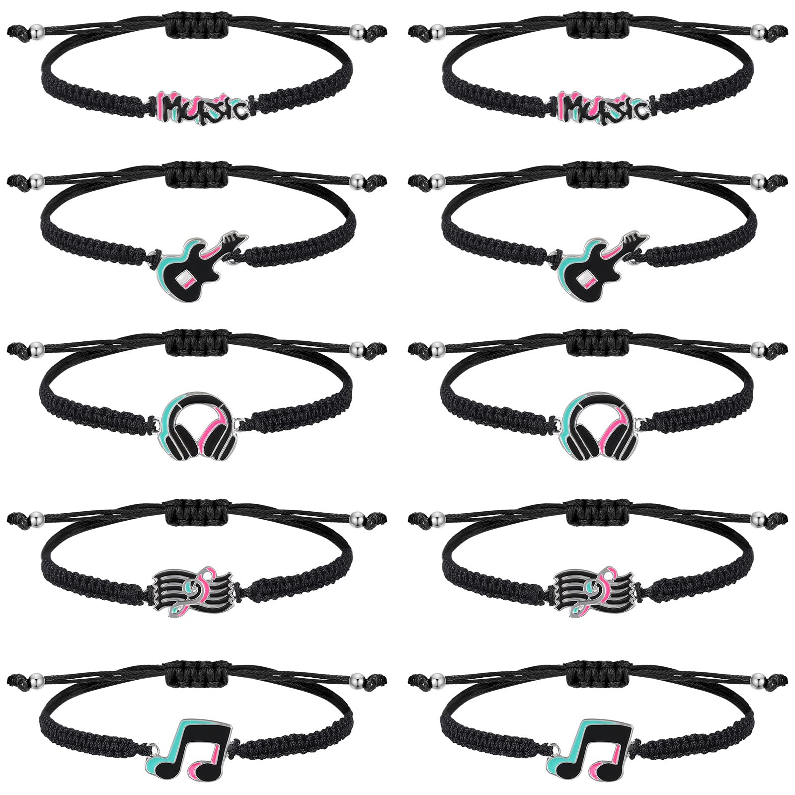 Junkin 10 Pieces Music Bracelets Musical Themed Birthday Party Supplies Black Braided Bit Charm Handmade Bangle Jewelry Music Party Supplies Equestrian Gifts for Teen Girls Boys, Metal