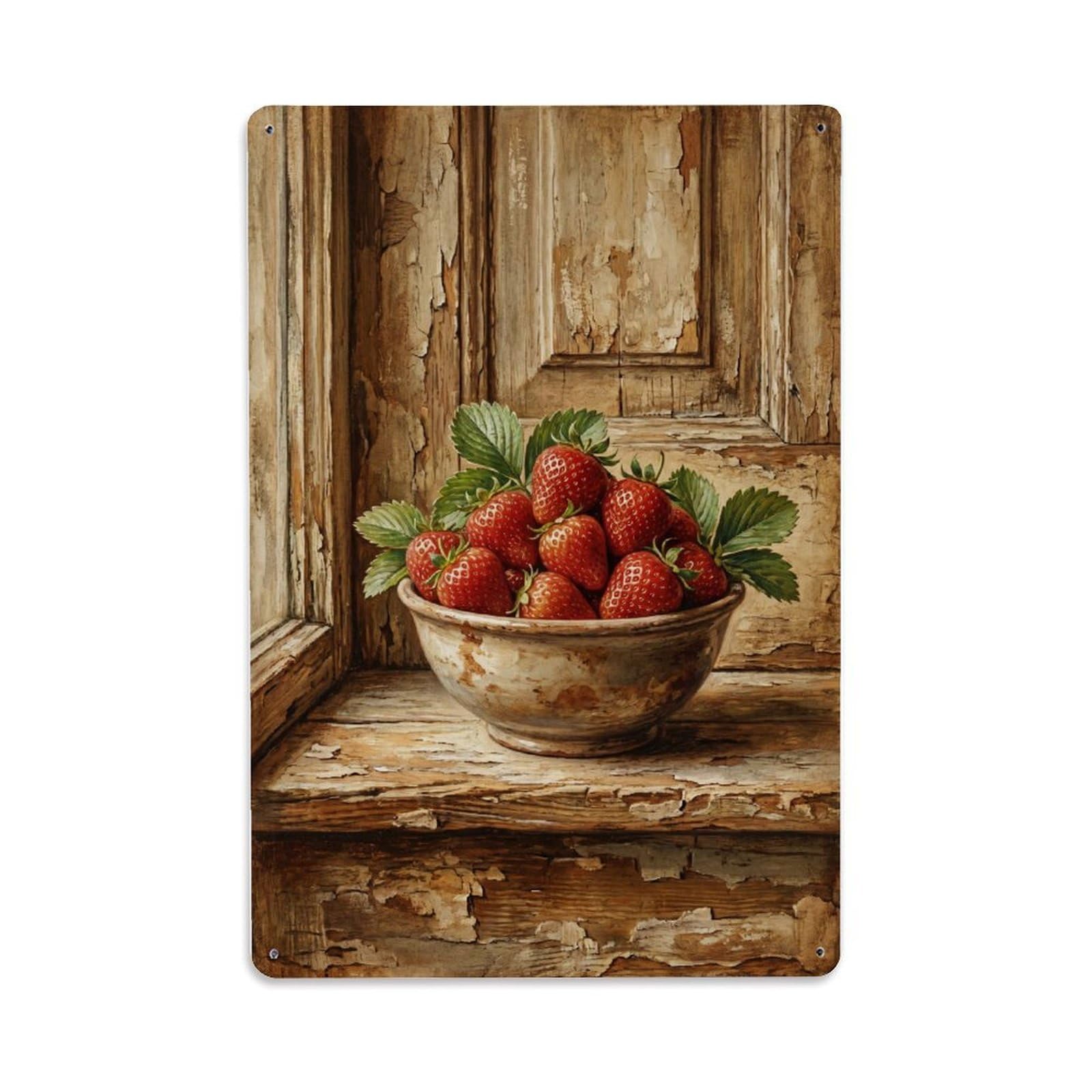 Fqnyr Style Strawberries Bowl Windowsill Kitchen Metal Tin Sign Plaque Wall Decor For Cafe, Club Bar, Office, Home Garden Metal Poster 8X12inch