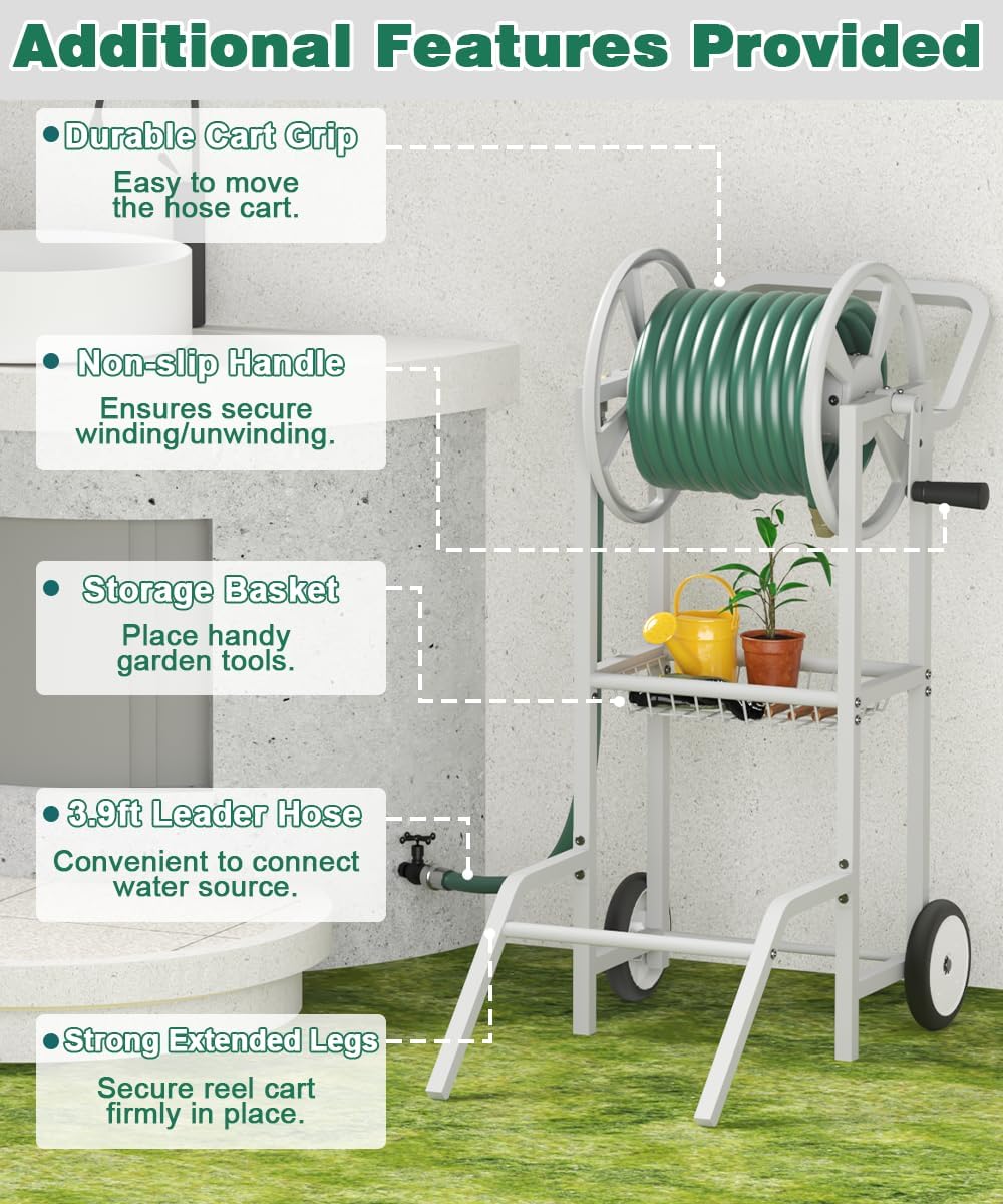 Hose Reel Cart with 2 Wheels, Garden Water Hose Holder Heavy Duty Powder Coated Steel Outdoor Winder Storage Holds 125 ft 5/8" Hoses with Basket and 3.9ft Leader Hose for Backyard, White