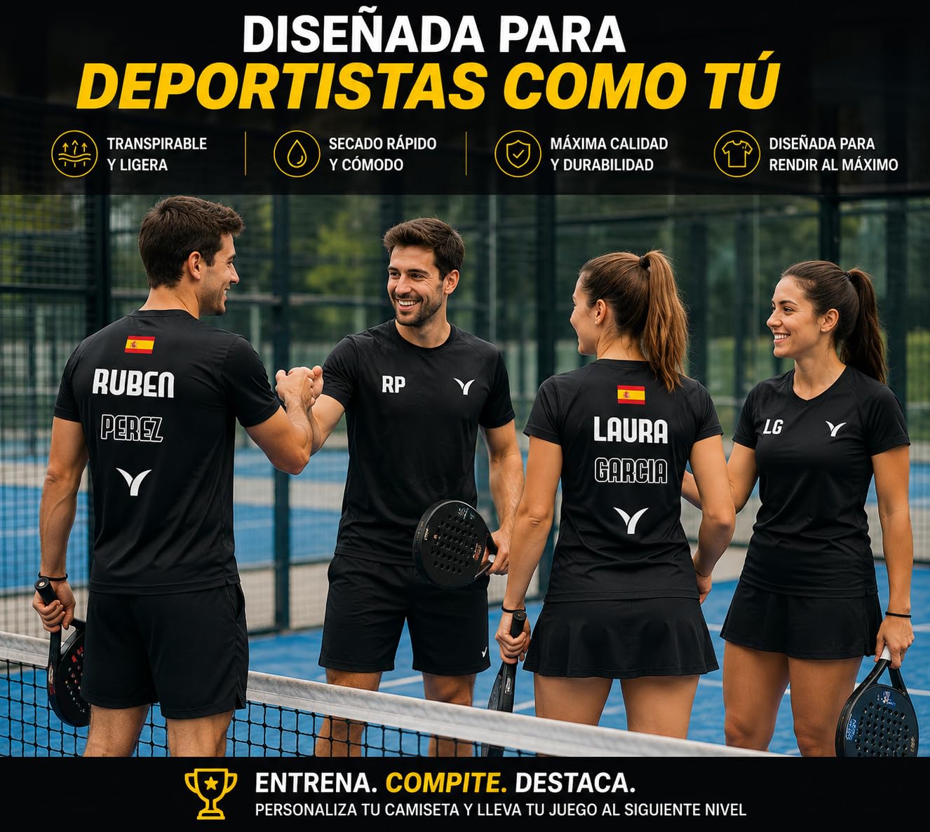 Camiseta Pádel Personalizable Unisex Hombre Mujer con Nombre y Bandera – Impresión DTF, Camiseta Técnica Transpirable, Secado Rápido, Deportiva