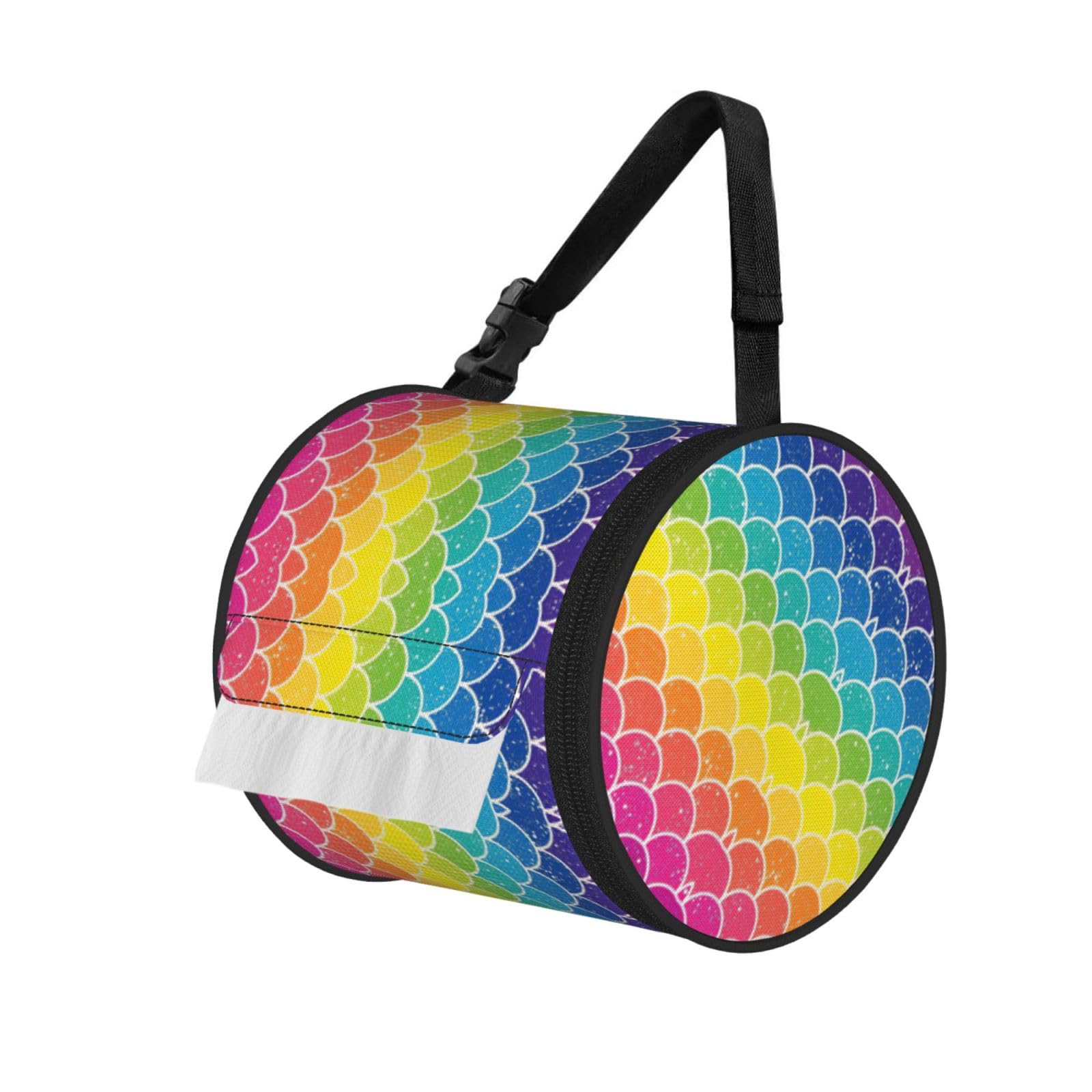 Rainbow Fish Scale Printed Hanging Tissue Organizer, Smooth Zipper Oxford Cloth Roll Holder for RV Bathroom Desk