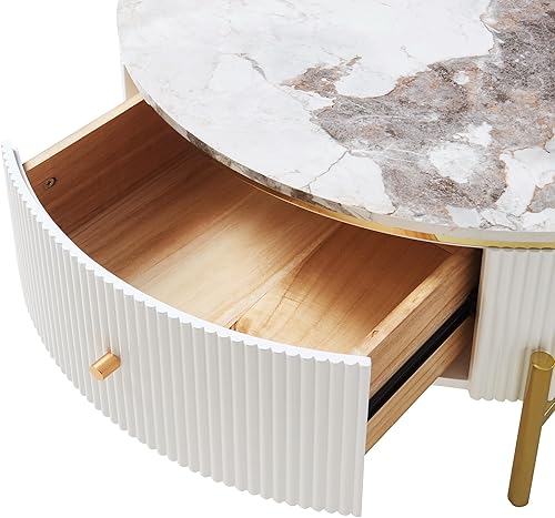 Miniatura 18 de P PURLOVE Mesa auxiliar redonda con 2 cajones de almacenamiento grandes, mesa decorativa de madera moderna con patas de metal y mesa con patrón de