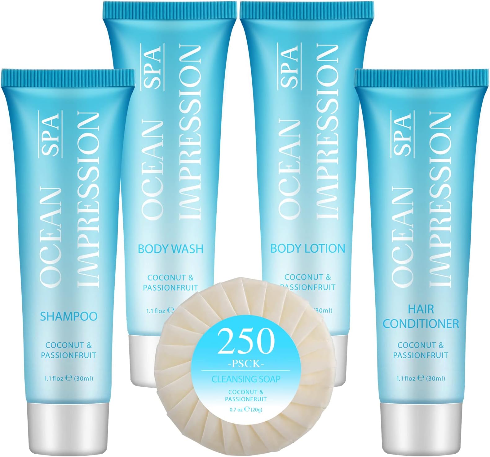 OPPEAL OCEAN SPA IMPRESSION Travel Size Toiletries 5 in 1 Sets, 1 oz Shampoo and Conditioner, Body Wash, Lotion & 0.7 oz Hotel Soaps Bulk, 250 Pcs Hotel Amenities, Perfect Coconut Scent