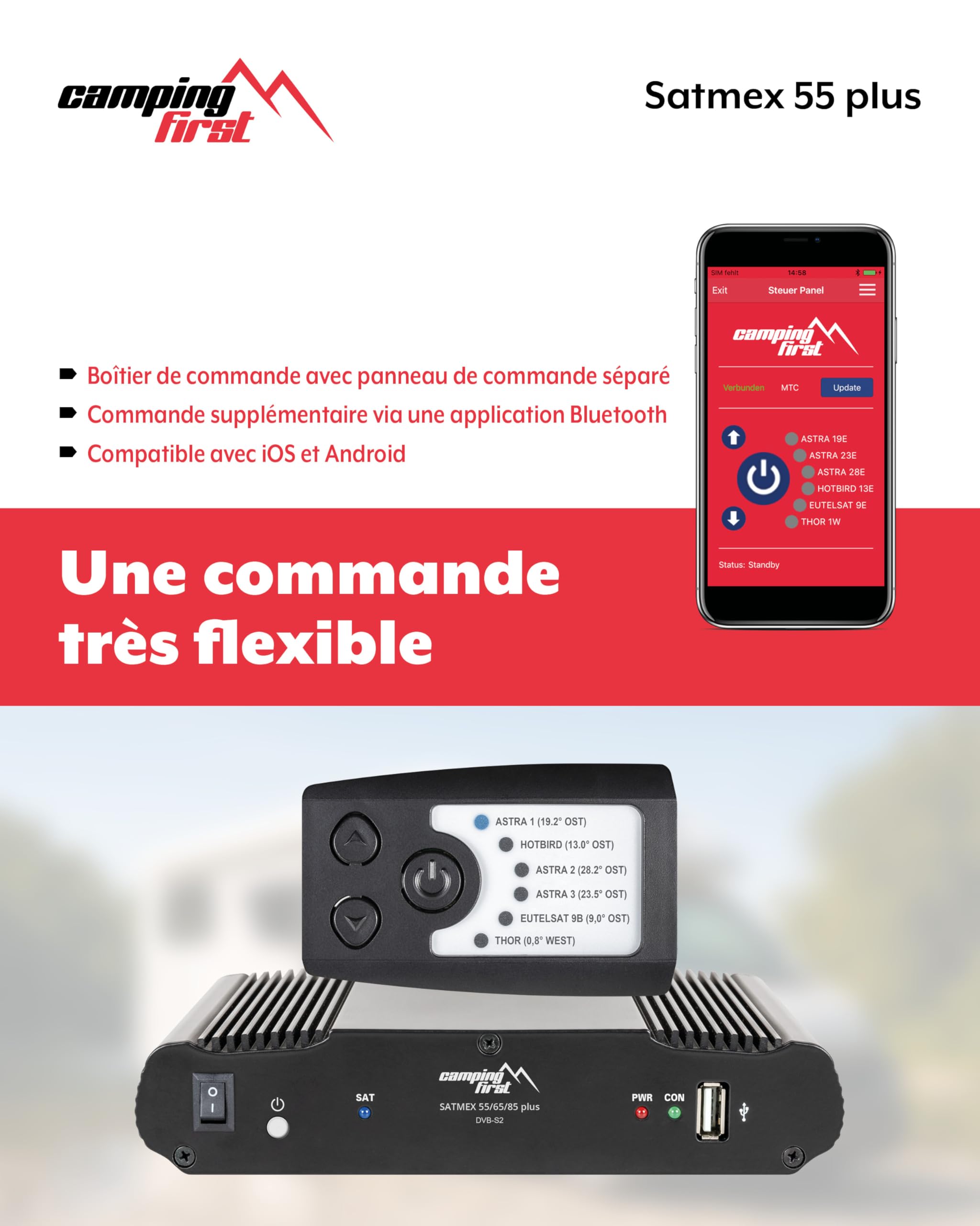Satmex 55 Plus – Antenne Satellite Automatique – Blanc | Montage sur camping-car, seulement 16 cm de hauteur, Bluetooth, grande portée de réception