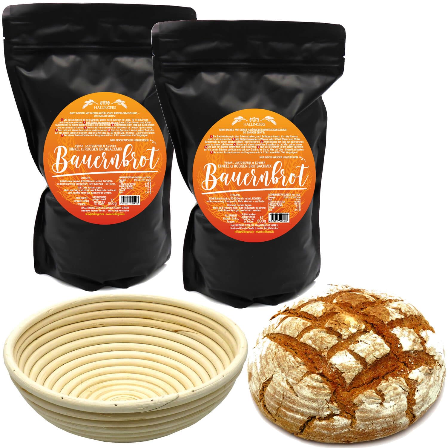 Hallingers Genuss Manufaktur Brotbackmischung Geschenk-Set - 2er-Pack natürliche Brotbackmischung Dinkel-Roggen mit Gärkorb im Set "Bauernbrot mit ...", Geschenkidee für Frauen Männer
