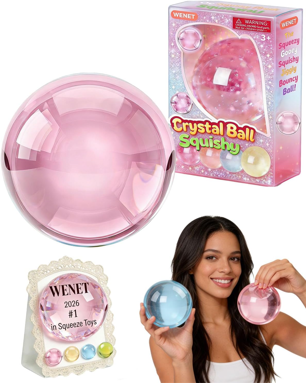 Handmade Coconut Oil Squishy Ball, 2026 Upgraded Slow Rising Non-Sticky Squishy, Handcrafted Crystal Mochi Fidget Stress Ball, 2.4in Odorless Moldable Squeeze Ball for Focus & Tension Relief (Pink)