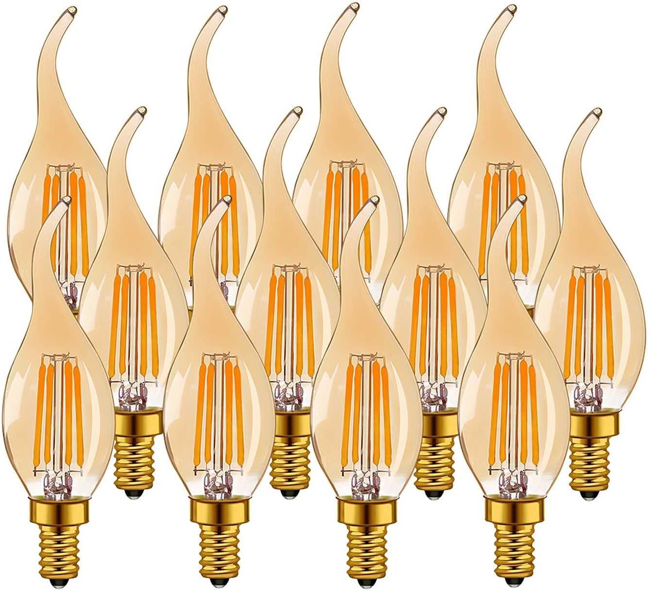 E14 4W Dimmable LED Candelabra Bulb, 40 Watt Equivalent Vintage LED Filament Light Bulb E14 Candelabre Base Led Bulb 2700K Warm White 400LM C35 Amber Glass Flame Tip 12 Pack