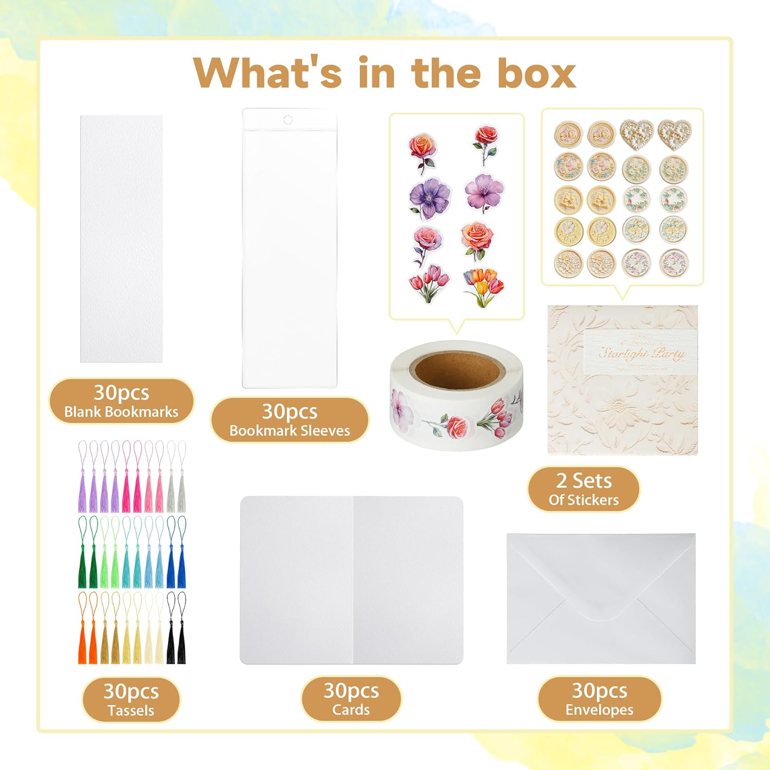 152 PCS Blank Watercolor Cards & Bookmarks Kit, 140lb/300gsm Cotton Paper, 30 Sets 4"x6" Cards with Envelopes, 30 Bookmark Sets with Sleeves, Tassels & Stickers for DIY Greeting Card & Craft Projects