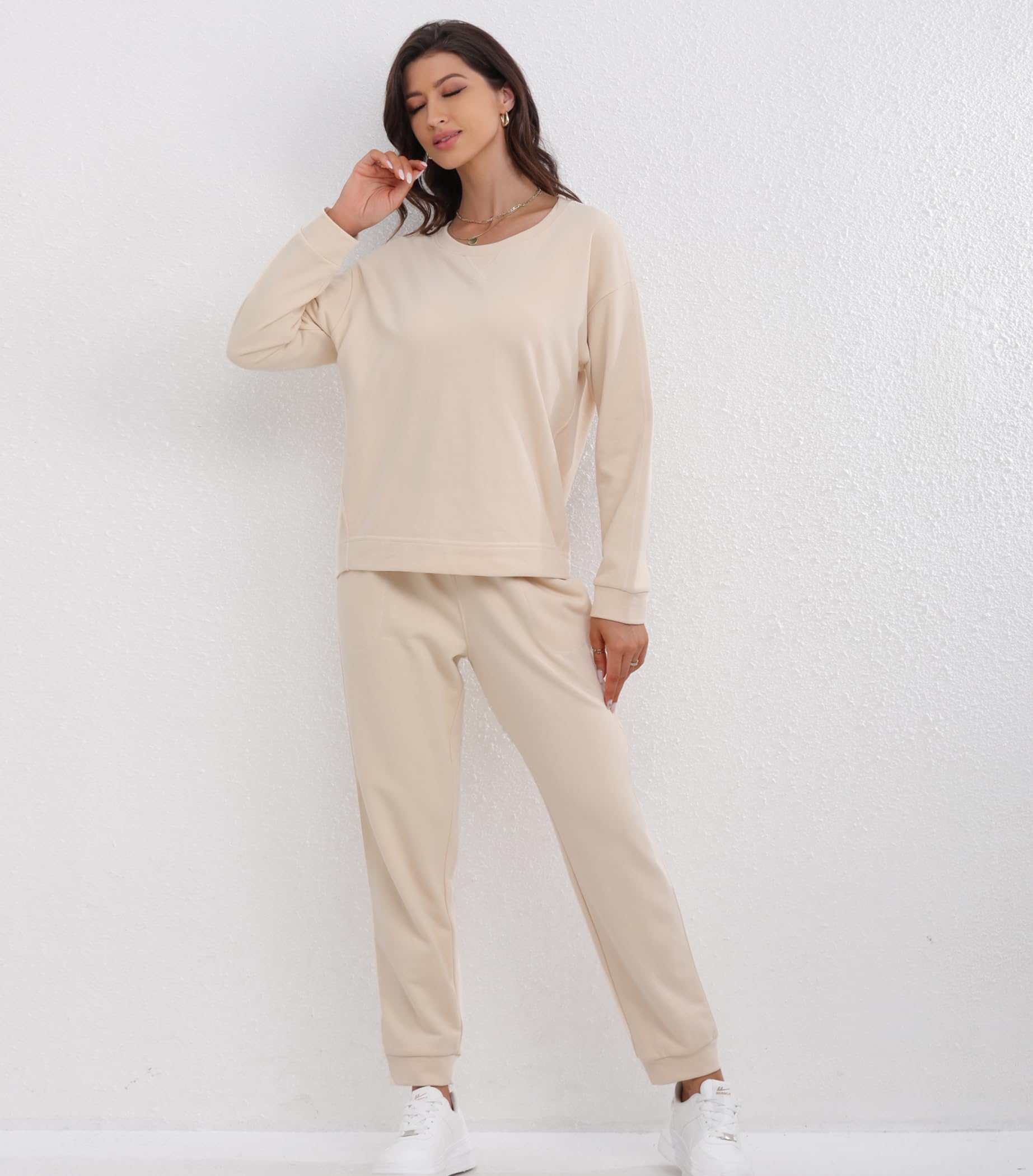 DAVID ARCHY Conjunto de pijama de algodón para mujer, suave, cómodo, cuello redondo, manga larga, sudadera y pantalones deportivos
