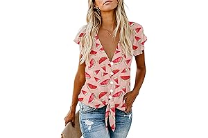 Women's Summer Casual Watermelon Print Beach Top Short Sleeve V Neck Button...