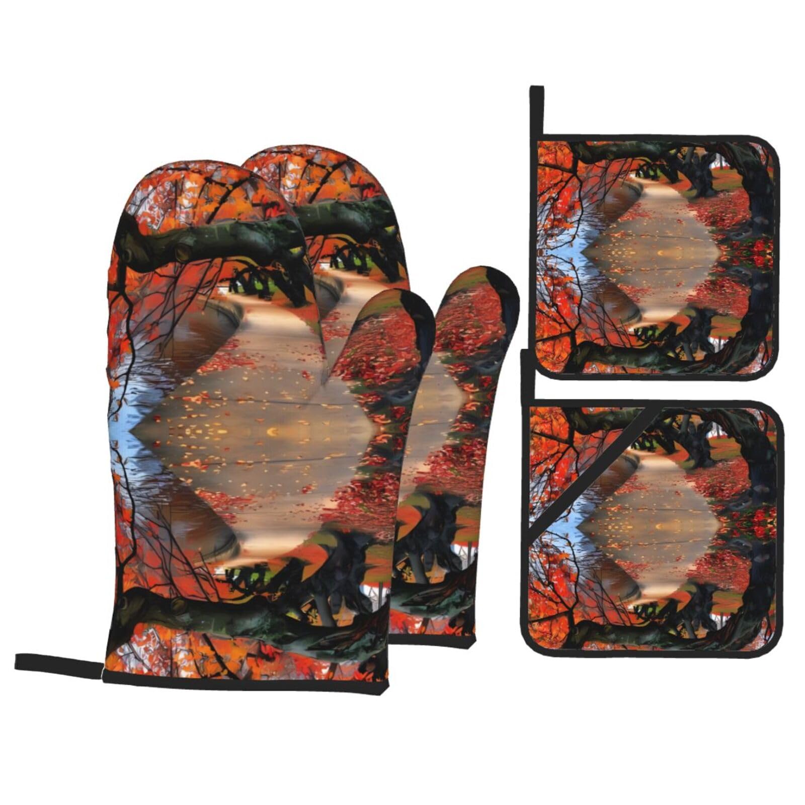 HJFCZH Tree in The Fall Prints Kitchen Throw Set: Durable Oven Layers with Waterproof Polyester – 4 Piece Heat Protection System