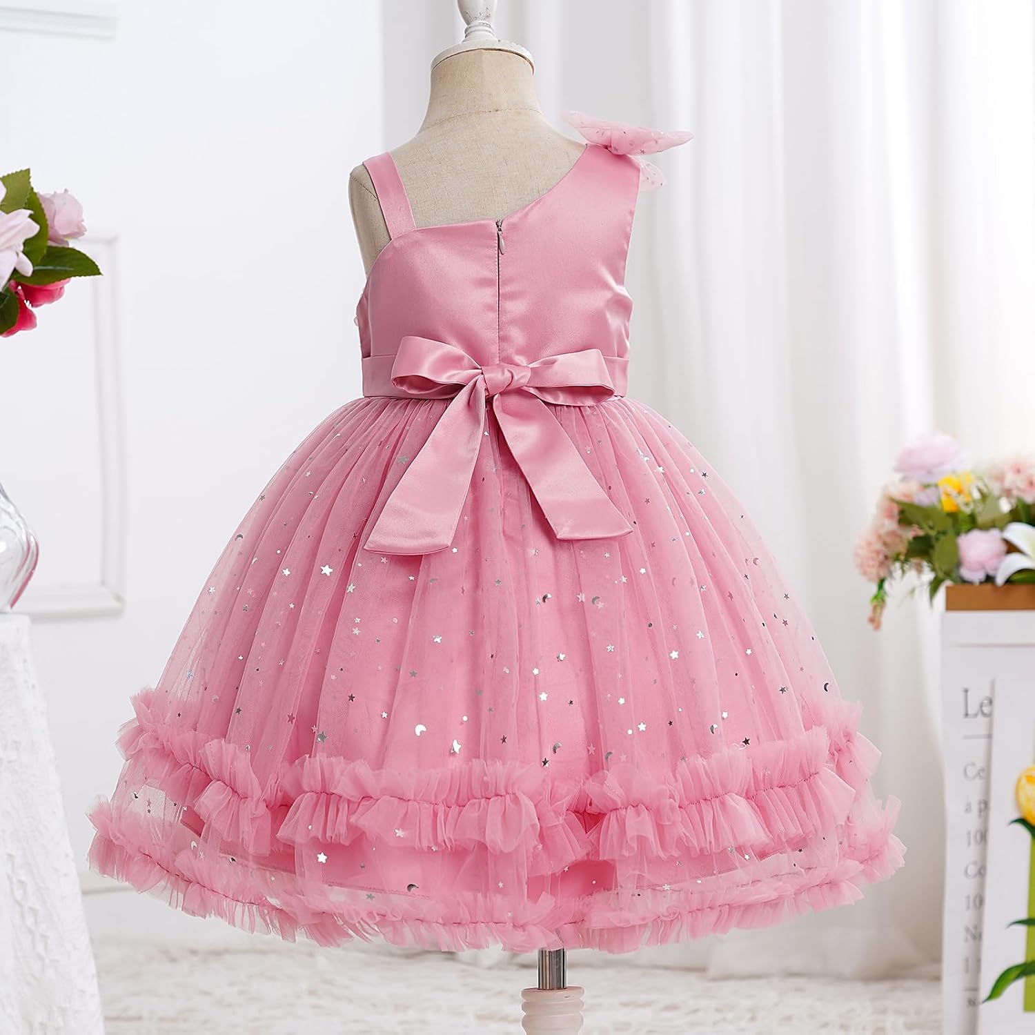 IMEKIS Toddler Girls Pageant Dress Shiny Bow Asymmetric Shoulder Formal Birthday Wedding Party Tiered Tulle Gowns 1-9T