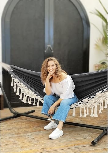 Miniatura 2 de Anyoo - Hamaca de algodón - Hamaca de lujo cómoda y elegante con borlas - Soporta hasta 450 libras - Portátil con bolsa de viaje para porche, patio,