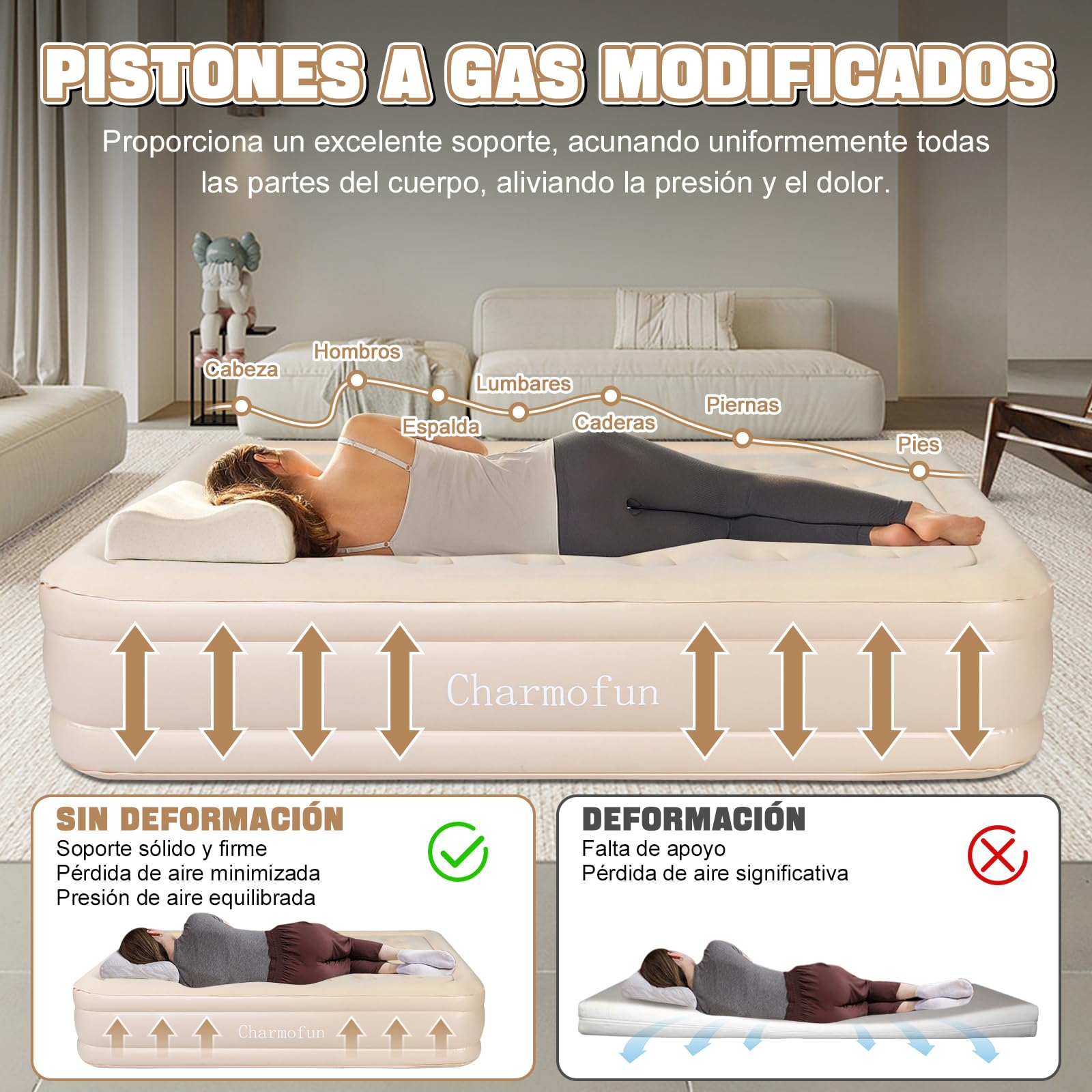 Charmofun Colchón Hinchable Matrimonio, Cama de Aire con Bomba Eléctrica, Colchón Inflable Rápido en 3 Minutos, Cama Hinchable 200×154×43cm Autohinchable para Camping O Uso DoméStico