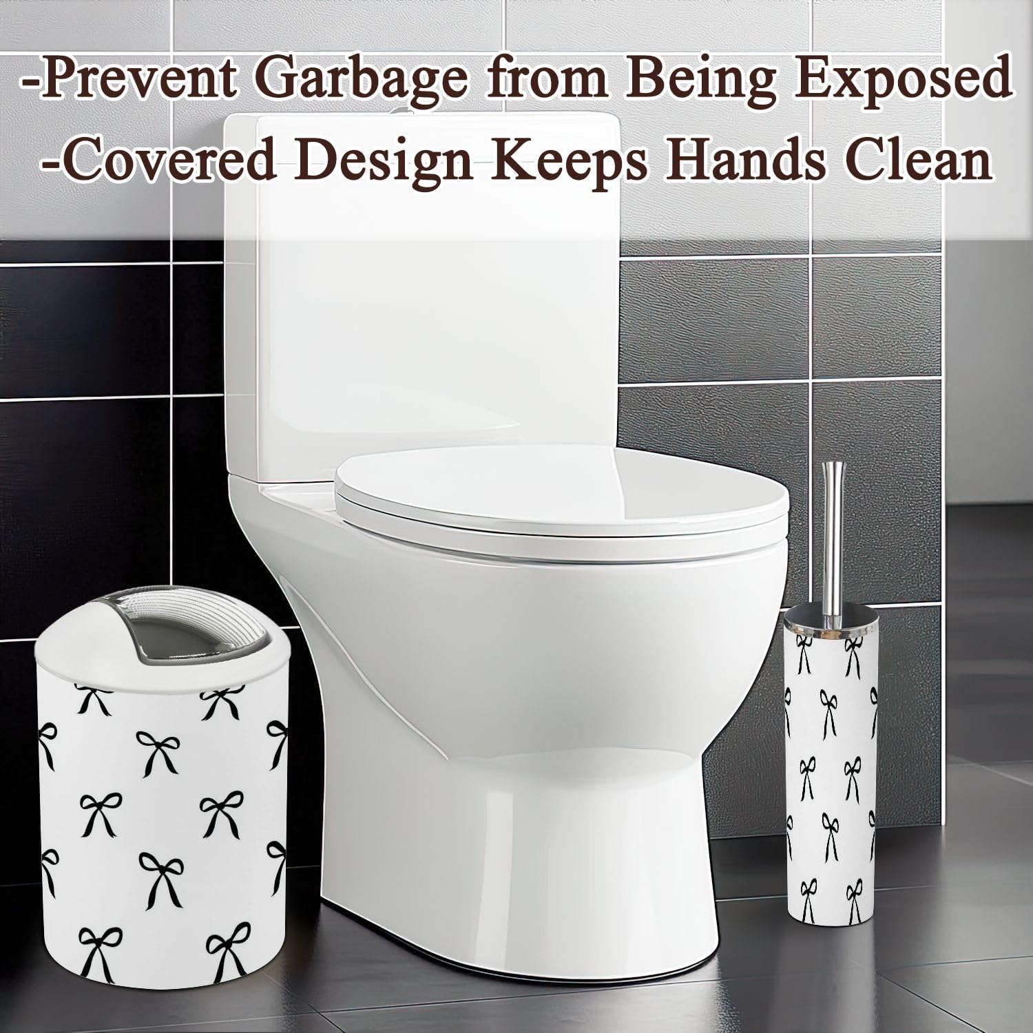 Bathroom Accessories Set 6 Pcs Coquette Bow Small Black Flat Bows Ribbons Cute Fun Simple Toothbrush Holder Cup Soap Dispenser Soap Dish Toilet Brush Holder Trash Can for Countertop Decor