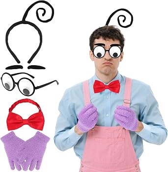 Halloween Fear Costume Accessories Include Tentacle Headband, Red Bow Tie, Adhesive Fake Eyebrows, Face Paint, Purple Gloves for Cartoon Fear Mood Dress Up Set