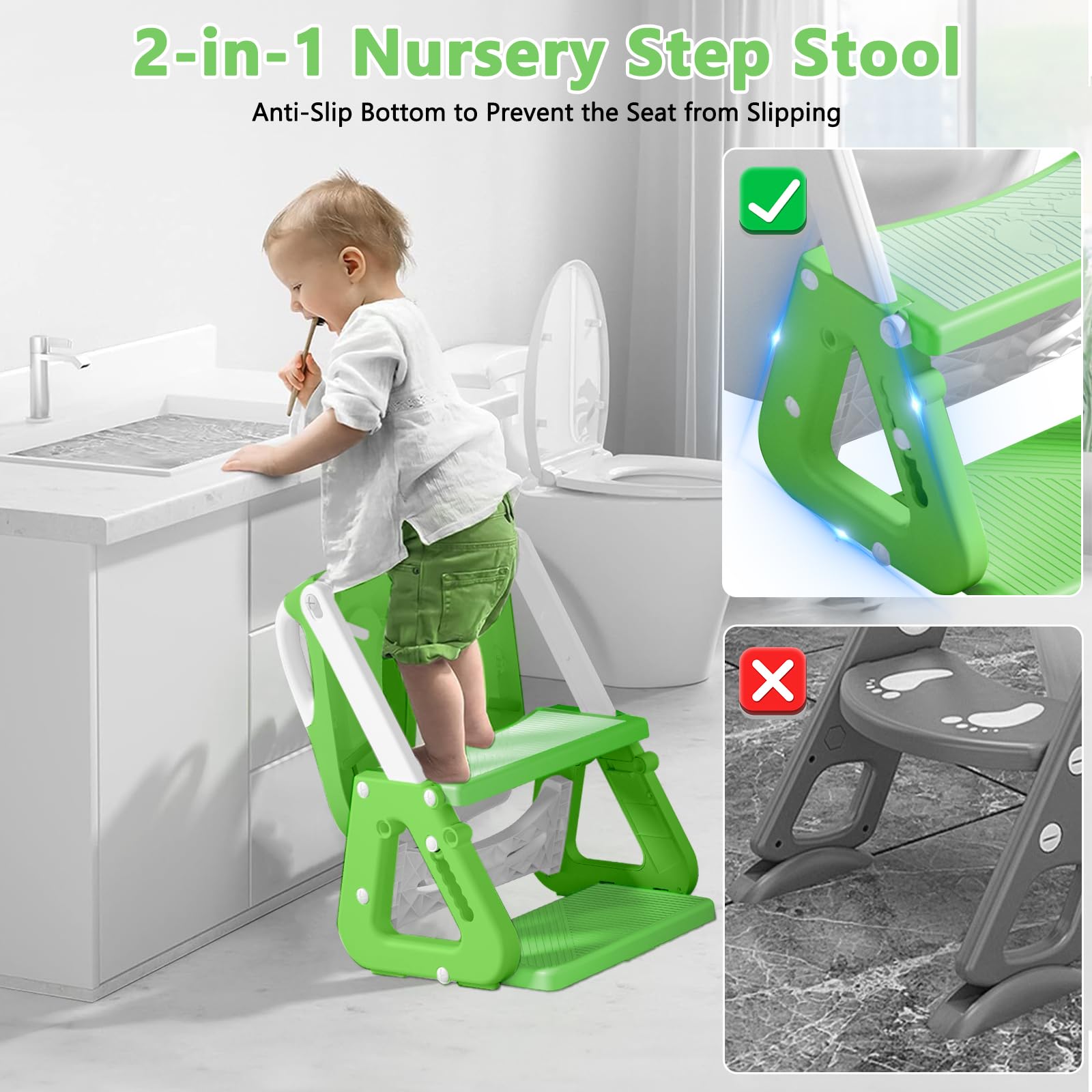 Réducteur Toilette Enfant, Stabiliser Rehausseur Toilette Enfant avec Structures Triangulaires, Adaptateur Toilette Enfant 2 en 1, Pliable et Réglable,Adapté aux Toilettes en Forme de V, U, O