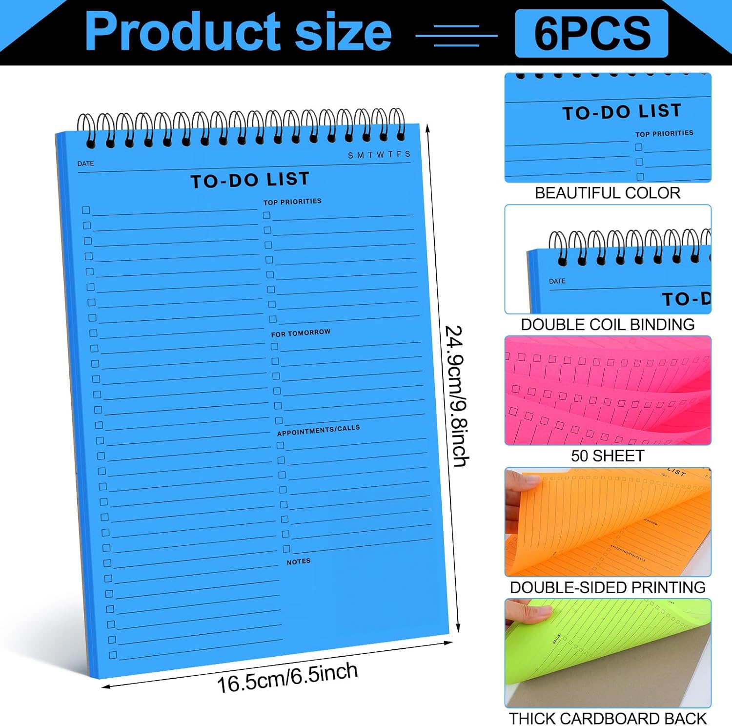 6 Pcs Notepads 50 Sheets 6.5 x 9.8 Inch, Multicolors Spiral Daily Planner Notebooks with Multiple Functional Sections for Classroom Office Plan Work Schedule (Bright Colors,to Do List)