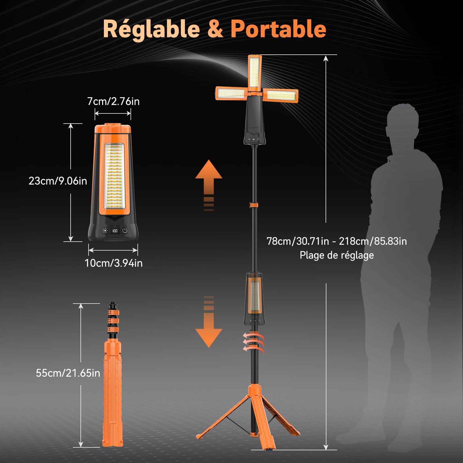 Adewalk 15000mAh Projecteur de Chantier LED Rechargeable avec Trépied, 5500LM Lampe de Camping à 3 Têtes, Étanche IP65, 5 Mode, Lampe de Travail Réglable pour Atelier, Garage, Construction(Orange)