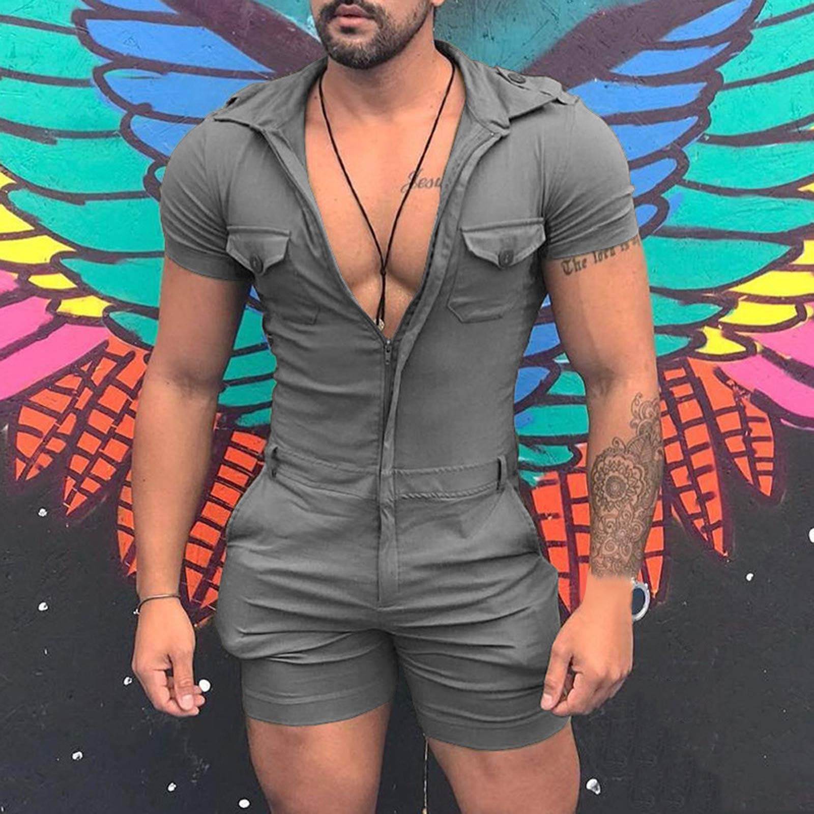 Homme Pyjamas Sexy sous-Vêtements Transparent Combinaison D'été pour Hommes Short à Manches Courtes avec Fermeture à Glissière Ouverte Short Érotique Hot