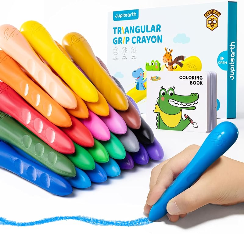 24 Colors Triangle Crayons for Kids Ages 4-8 | With Coloring Book & Bonus Stickers, Non-Toxic & Washable Triangular Crayons, Fat Brain Toys for Toddlers 1-3
