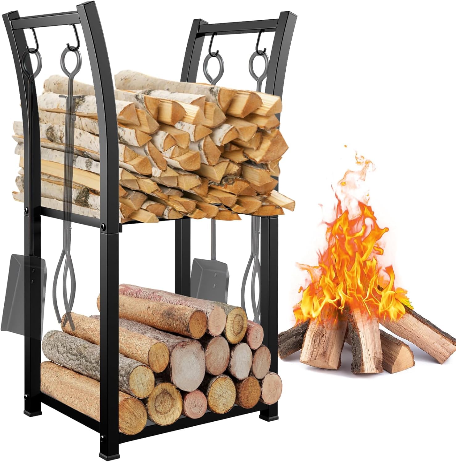 Nestora Home 2 Tiers Indoor Firewood Rack with 4 Hooks - Portable Outdoor Firewood Rack, Heavy Duty Log Rack Wood Holder, Sturdy Firewood Storage Stand for...31.5" x 15.7" x 11.8".