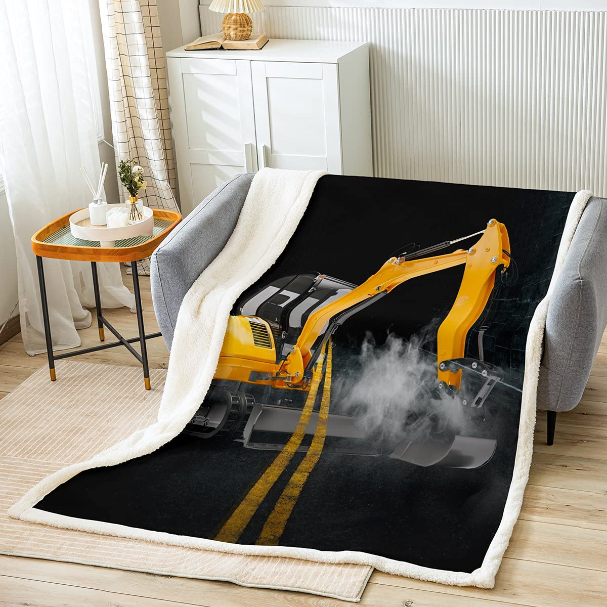 Excavator Sherpa Coperta in pile per macchinari dei cartoni animati, per bambini, ragazzi, ragazze, adolescenti, veicoli carini, camion, cantiere, coperta fuzzy per divano, 200 x 201 cm