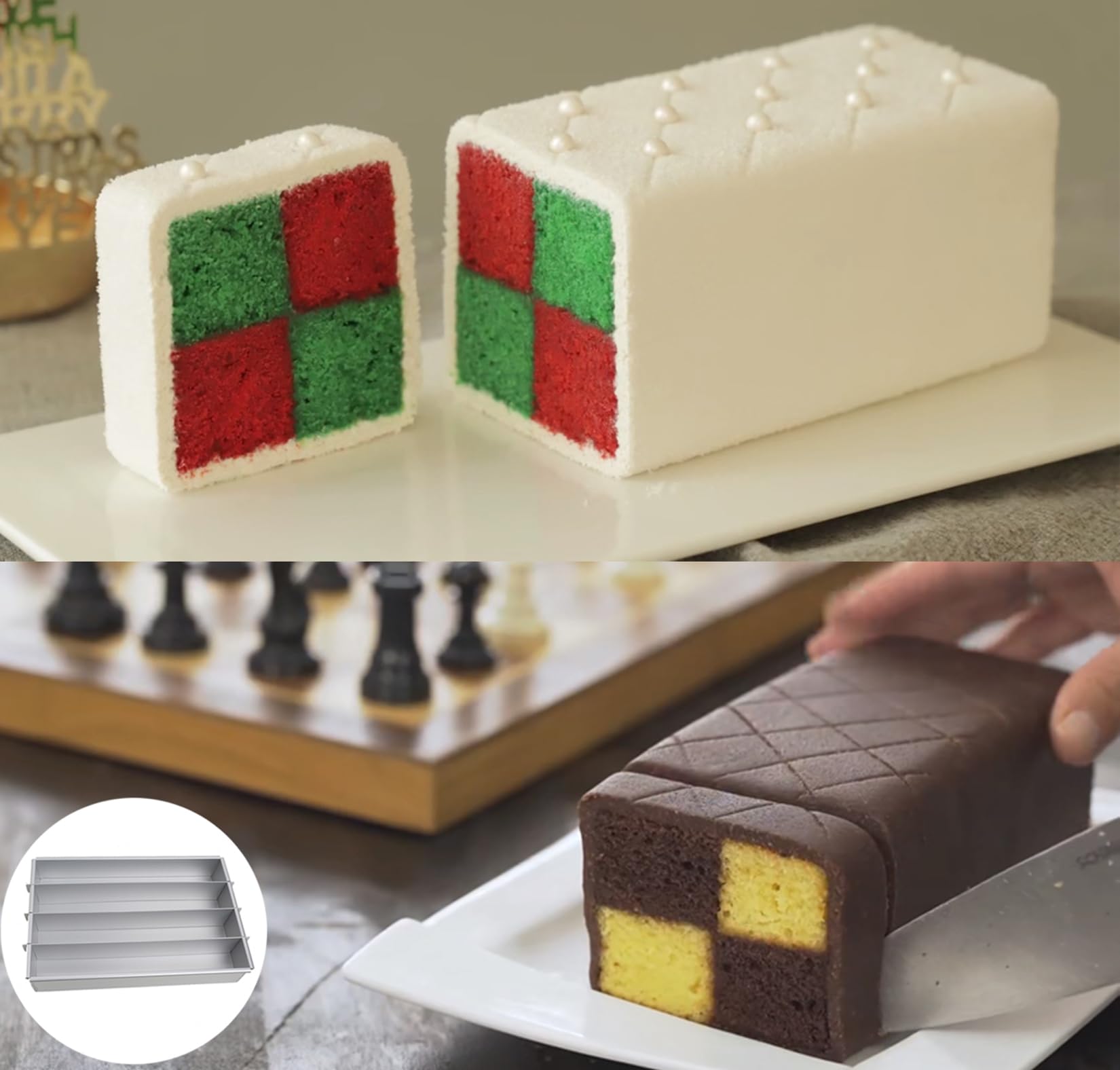 Battenberg - Molde para tartas desmontable, apto para uso alimentario con juego de espátulas para crema y tartas, molde rectangular antiadherente para hacer pasteles de brownie, molde para