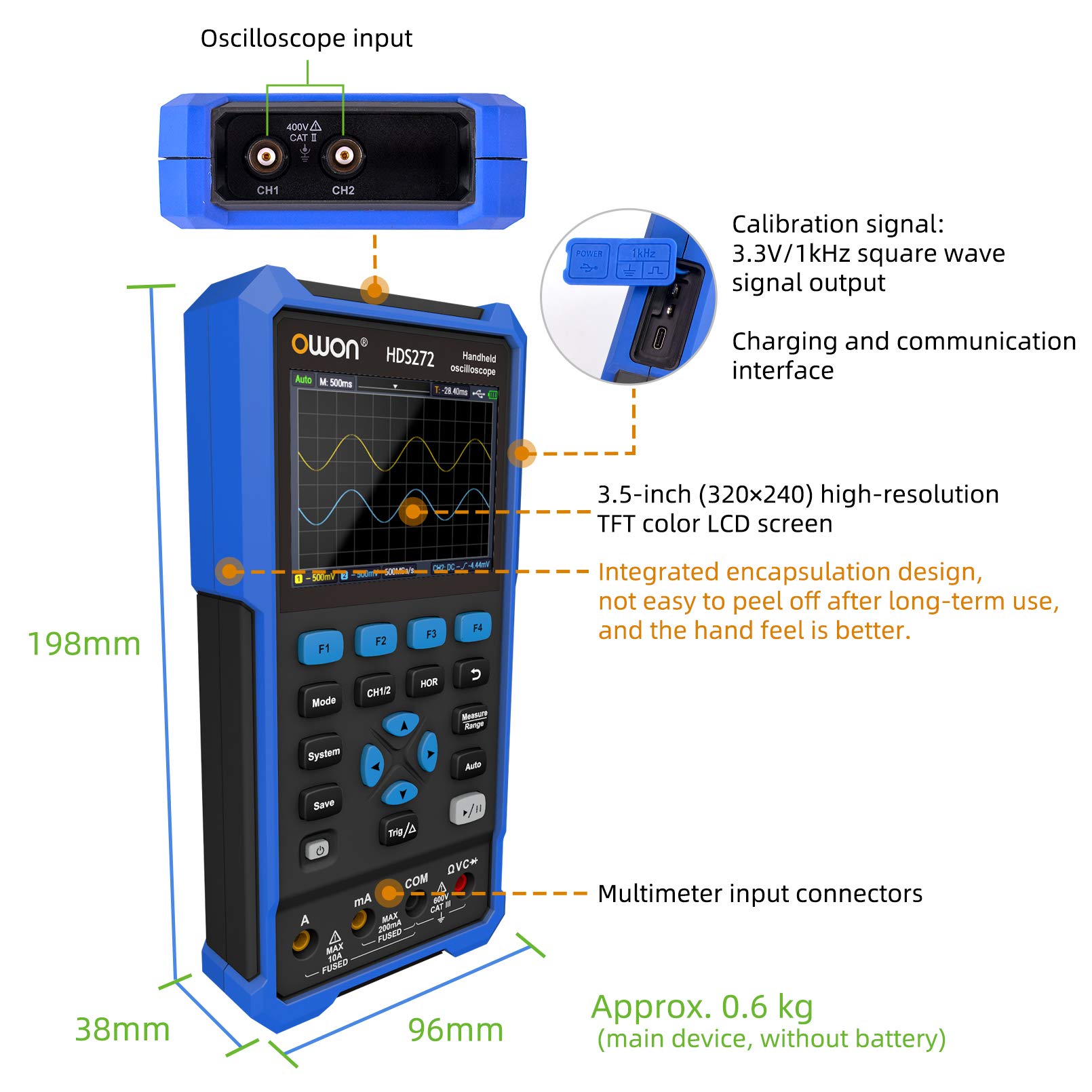 OWON HDS272 2 in 1 Handheld Oszilloskop, 70MHz Bandbreite USB Typ C mit 3,5 Zoll LCD Display, 20000 Zählungen Digital multimeter, 2 Kanal Digital Oszilloskop