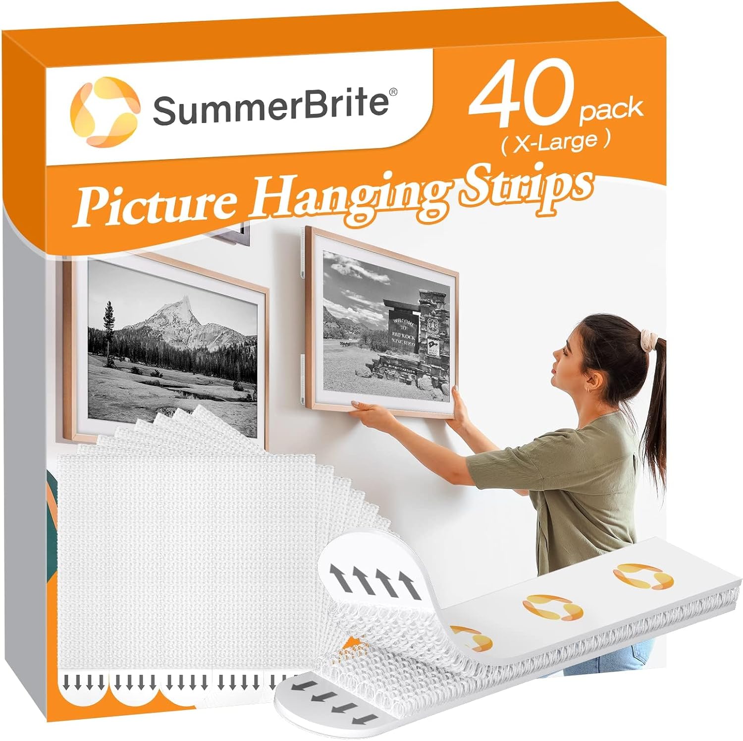 SummerBrite Damage Free Picture Hanging Strips, 20 Pairs, XL, White | Heavy duty hold, no wall damage, sticky adhesive strips, perfect for heavy photo frames & wall decor, 40 strips total