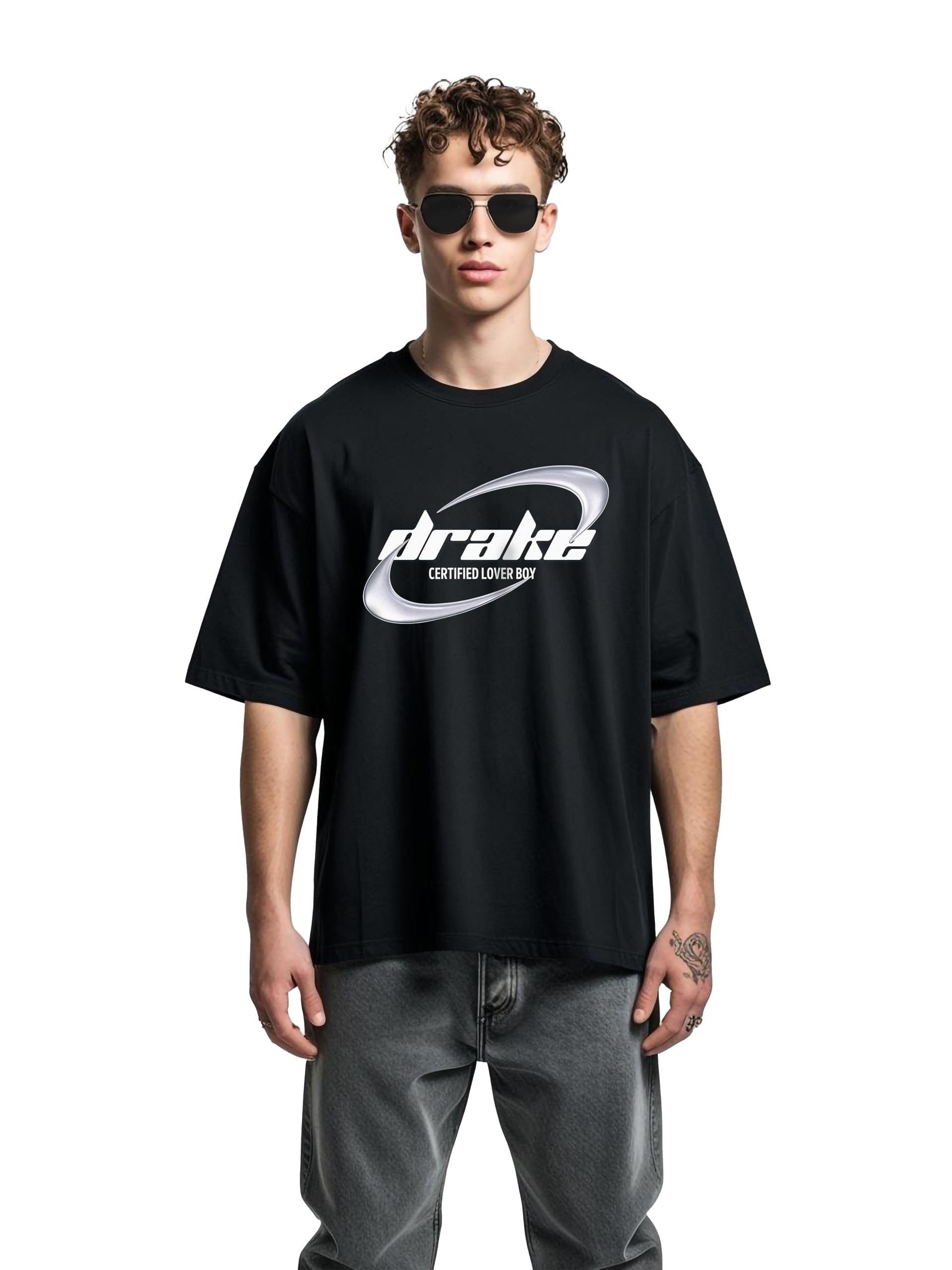Skream Drake Oversized T-Shirt for Men, Drop Shoulder 100% Cotton, 200 GSM, Bio-wash Tee Black