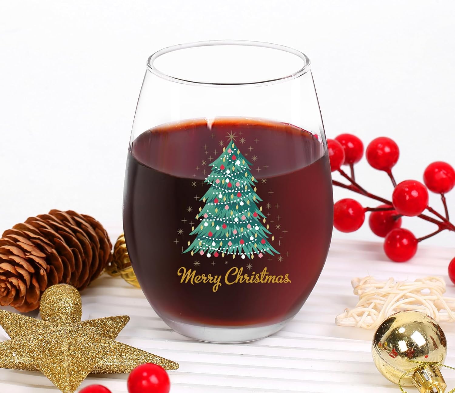 Jogskeor Merry Christmas Wine Glass, Christmas Tree 15Oz Stemless Wine Glass, Christmas Gift for Women Men Famliy, Friends, Dad, Mom for Christmas Holiday Wedding Party - Image 2