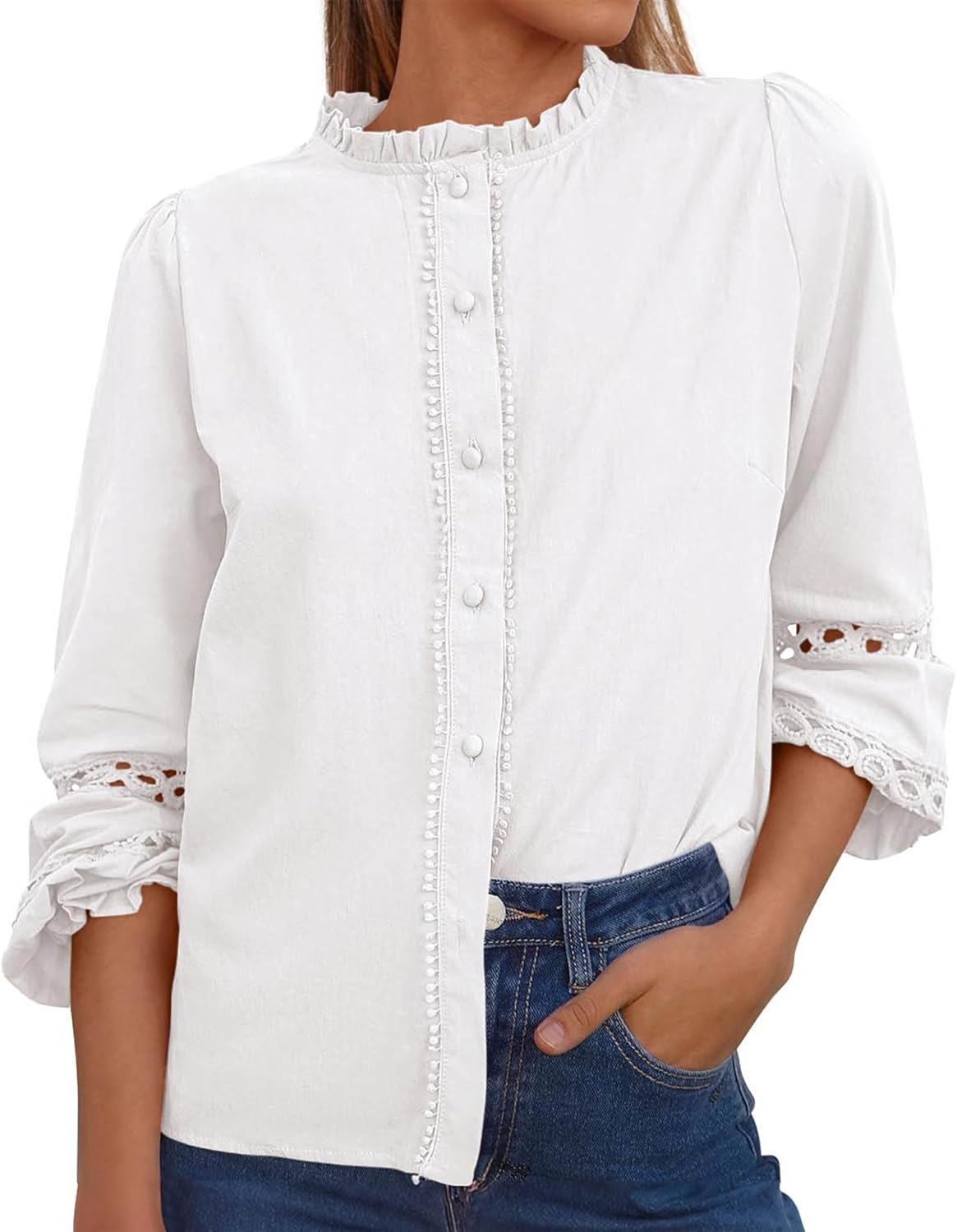 KIRUNDO Going Out Tops for Women 2026 Spring Fashion Boho Cotton Eyelet Long Sleeve Button Up Shirt Lace Dressy Casual Blouse