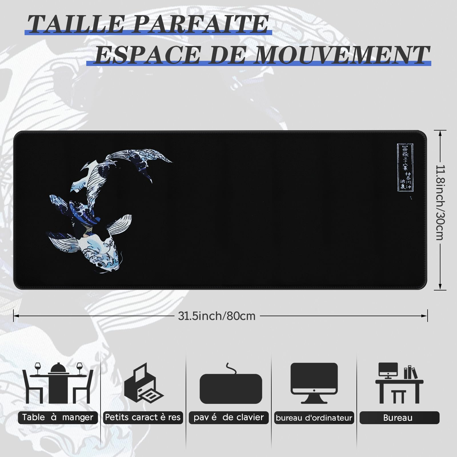EFISH Alfombrilla de ratón para Juegos Japonesa XXL de 800 x 300 mm, Grande, con Bordes cosidos, Impermeable, Antideslizante, para PC, MacBook y portátil. Mejora la precisión y la Velocidad. (A3)