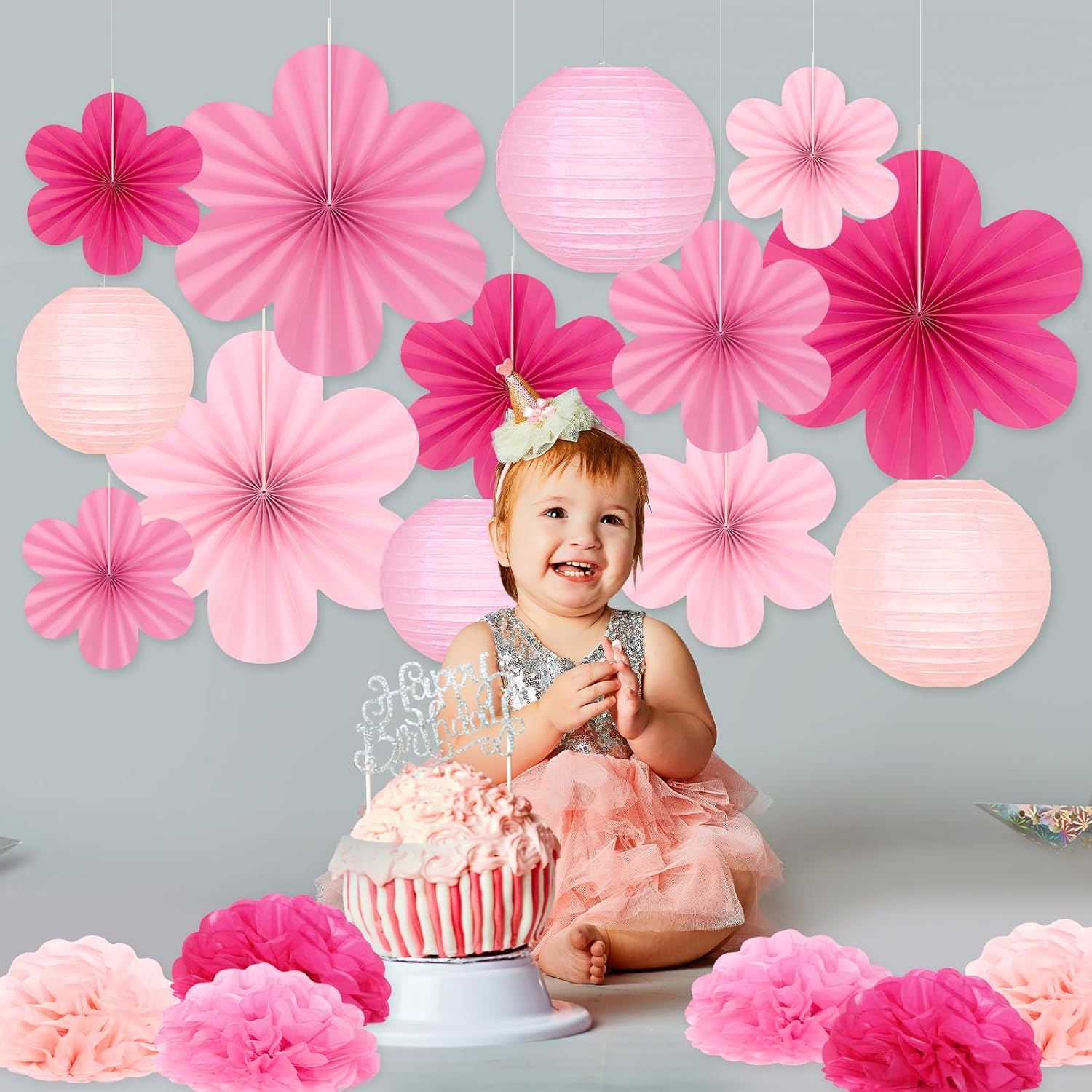 19 Pcs Pink Party Decorations, Light-Hot Pink Hanging Paper Lanterns, Paper Flowers Fans, Tissue Pom Poms, Floral Backdrop Wall Decor for Birthday Baby Showers Bridal Wedding Valentines Classroom - Image 7