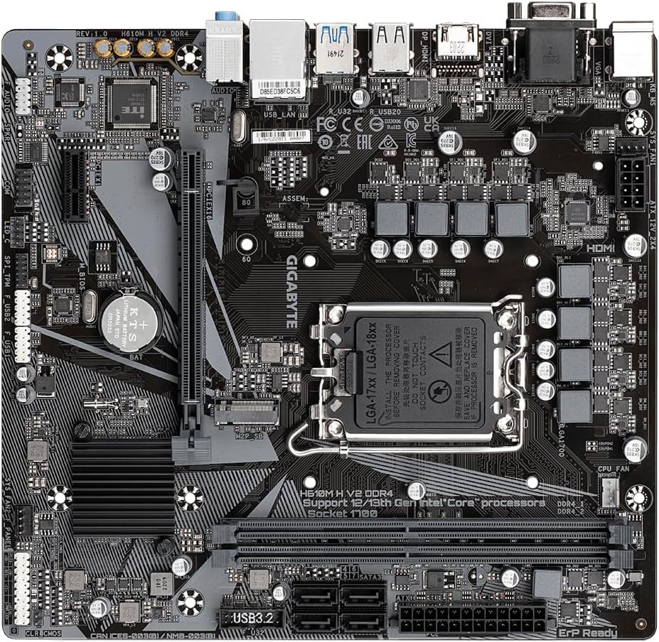 Gigabyte H610M H V2 DDR4 Motherboard - Supports Intel Core 14th CPUs, 6+1+1 Hybrid Digital VRM, up to 3200MHz DDR4 (OC), 1xPCIe 3.0 M.2, GbE LAN, USB 3.2 Gen 1